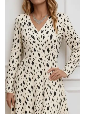 Kadın Uzun Kollu V Yakalı Desenli Kısa Keten Elbise