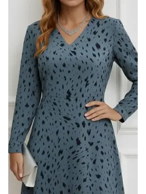 Kadın Uzun Kollu V Yakalı Desenli Kısa Keten Elbise
