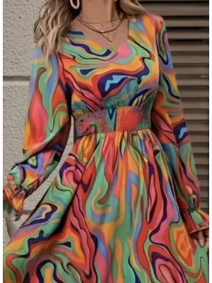 Kadın Uzun Kollu V Yakalı Desenli Maxi Süprem Elbise