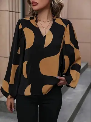Kadın Uzun Kollu V Yakalı Desenli Modal Bluz