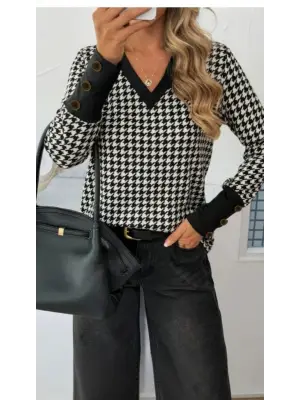 Kadın Uzun Kollu V Yakalı Desenli Süprem Bluz