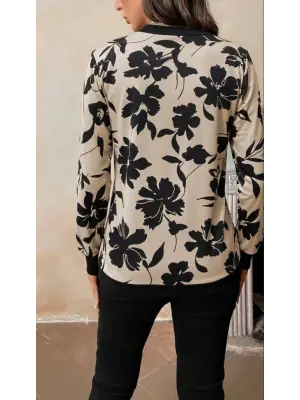 Kadın Uzun Kollu V Yakalı Desenli Süprem Bluz