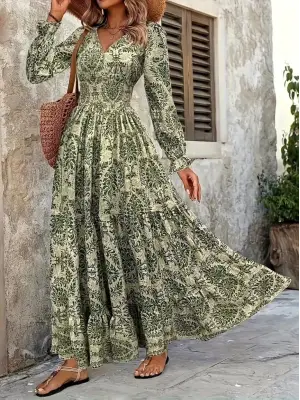 Kadın Uzun Kollu V Yakalı Desenli Süprem Elbise