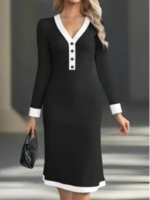 Kadın Uzun Kollu V Yakalı Düğmeli Midi Modal Elbise