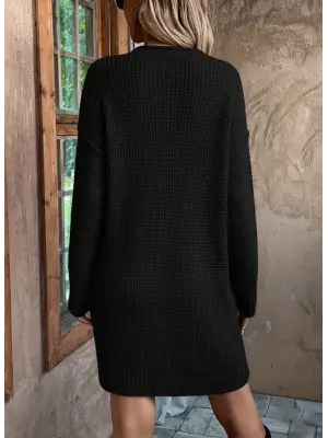 Kadın Uzun Kollu V Yakalı Düğmeli Mini Triko Elbise