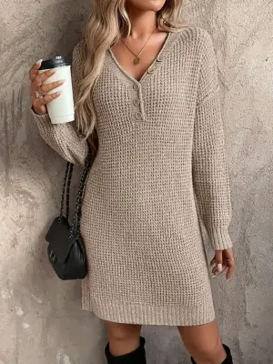 Kadın Uzun Kollu V Yakalı Düğmeli Mini Triko Taş Renkli Elbise