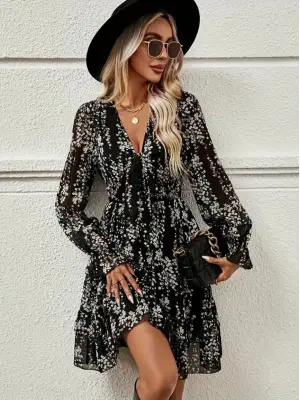 Kadın Uzun Kollu V Yakalı Fırfırlı Ve Bağcıklı şifon Mini Elbise