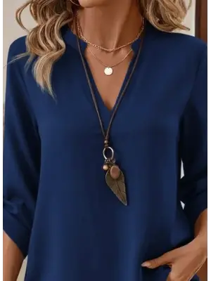 Kadın Uzun Kollu V Yakalı Ithal Krep Lacivert Bluz