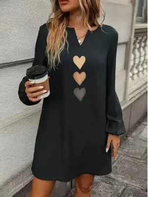 Kadın Uzun Kollu V Yakalı Kalp Desenli Mini Ithal Krep Elbise