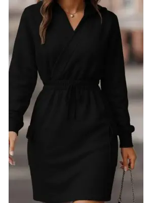 Kadın Uzun Kollu V Yakalı Kapşonlu Cep Detaylı şardonlu Iki Iplik Kısa Elbise