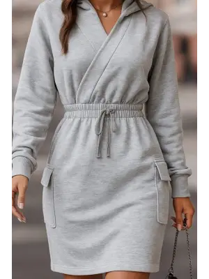 Kadın Uzun Kollu V Yakalı Kapşonlu Cep Detaylı şardonlu Iki Iplik Kısa Elbise