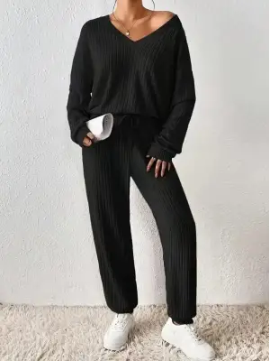 Kadın Uzun Kollu V Yakalı Kaşkorse Bluz Ve Pantolon Ikili Takım