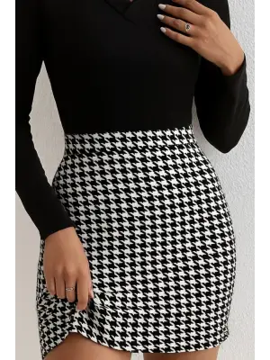 Kadın Uzun Kollu V Yakalı Kaz Ayağı Desenli şardonlu Dalgıç Elbise