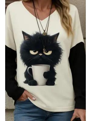 Kadın Uzun Kollu V Yakalı Kedi Baskılı şardonlu Dalgıç Bluz