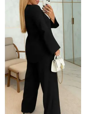 Kadın Uzun Kollu V Yakalı Keten Bluz Bağcıklı Pantolon Ikili Takım