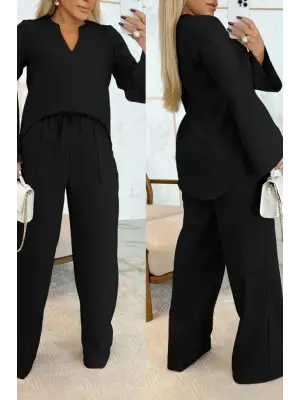 Kadın Uzun Kollu V Yakalı Keten Bluz Bağcıklı Pantolon Ikili Takım