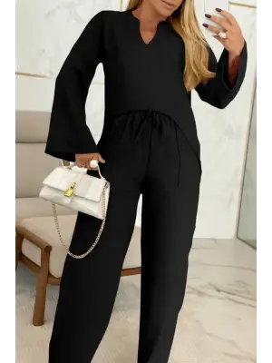 Kadın Uzun Kollu V Yakalı Keten Bluz Bağcıklı Pantolon Ikili Takım