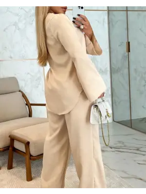 Kadın Uzun Kollu V Yakalı Keten Bluz Bağcıklı Pantolon Ikili Takım