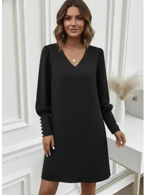 Kadın Uzun Kollu V Yakalı Kısa Ithal Krep Elbise