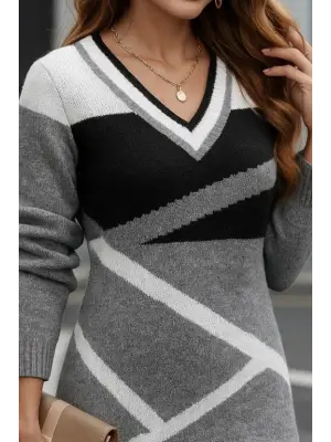 Kadın Uzun Kollu V Yakalı Kısa Triko Elbise