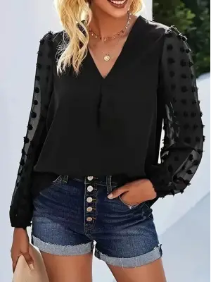 Kadın Uzun Kollu V Yakalı Kolları Popon Detaylı Sandy Bluz