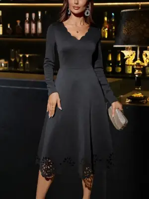 Zarif V Yakalı Midi Elbise