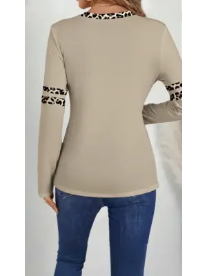 Kadın Uzun Kollu V Yakalı Leopar Desenli Viskon Iki Iplik Bluz