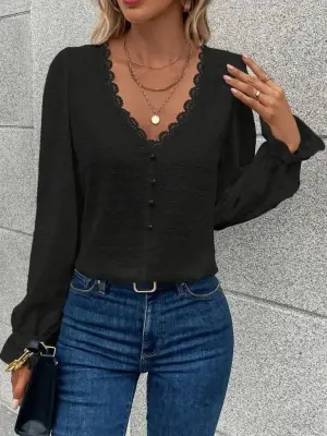 Kadın Uzun Kollu V Yakalı önden Düğmeli Bluz