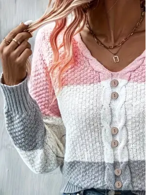 Kadın Uzun Kollu V Yakalı önden Düğmeli çok Renkli Bluz