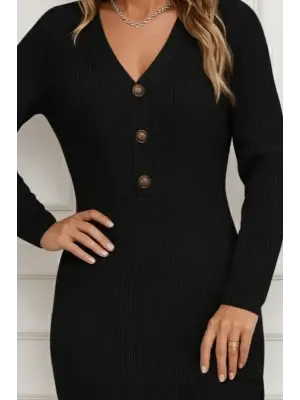 Kadın Uzun Kollu V Yakalı önden Düğmeli Kısa Triko Elbise
