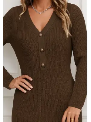 Kadın Uzun Kollu V Yakalı önden Düğmeli Kısa Triko Elbise