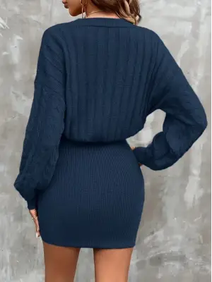 Kadın Uzun Kollu V Yakalı önden Düğmeli Kısa Triko Elbise