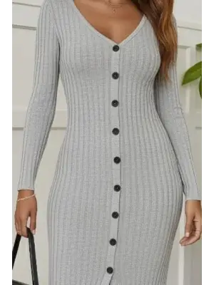 Kadın Uzun Kollu V Yakalı önden Düğmeli şardonlu Kaşkorse Elbise