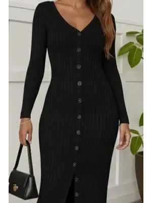 Kadın Uzun Kollu V Yakalı önden Düğmeli şardonlu Kaşkorse Elbise