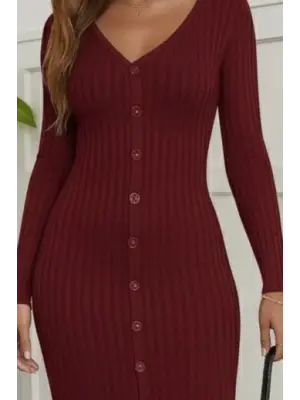 Kadın Uzun Kollu V Yakalı önden Düğmeli şardonlu Kaşkorse Elbise