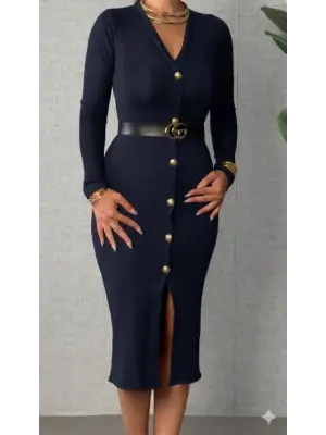 Kadın Uzun Kollu V Yakalı önden Düğmeli Yırtmaçlı Modal Midi Kemersiz Elbise