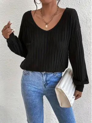 Kadın Uzun Kollu V Yakalı Pencere Sırt Dantel Detaylı Kalın Fitilli Kaşkorse Bluz