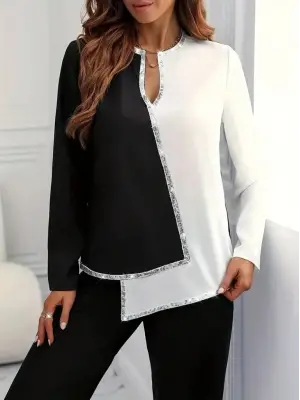 Kadın Uzun Kollu V Yakalı Pul Payet Işlemeli Ithal Krep Bluz