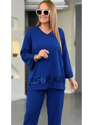 Kadın Uzun Kollu V Yakalı Pulpayet Viskon Iki Iplik Bluz Ve Pantolon Takım