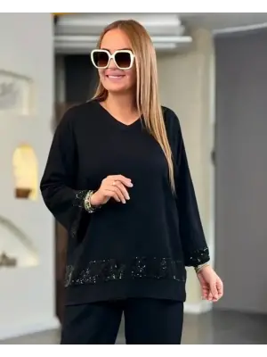 Kadın Uzun Kollu V Yakalı Pulpayet Viskon Iki Iplik Bluz Ve Pantolon Takım