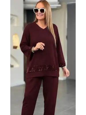 Kadın Uzun Kollu V Yakalı Pulpayet Viskon Iki Iplik Bluz Ve Pantolon Takım