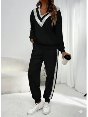 Kadın Uzun Kollu V Yakalı Pulpayetli Viskon Iki Iplik Bluz Ve Pantolon