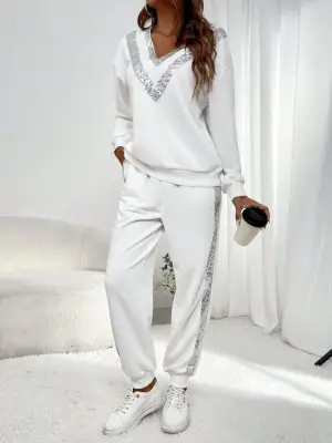 Kadın Uzun Kollu V Yakalı Pulpayetli Viskon Iki Iplik Bluz Ve Pantolon