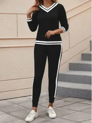 Kadın Uzun Kollu V Yakalı Ribanalı Viskon Iki Iplik Bluz Ve Pantolon Ikili Takım