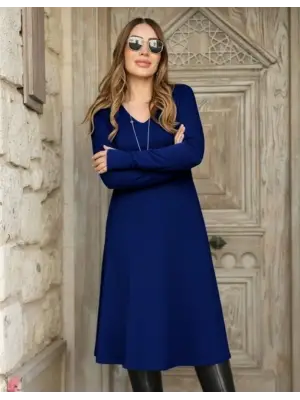 Kadın Uzun Kollu V Yakalı Salaş Midi Akrilik Elbise