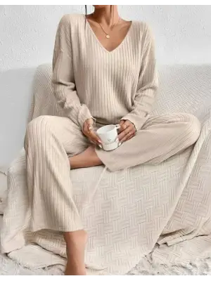 Kadın Uzun Kollu V Yakalı şardonlu Kaşkorse Bluz Ve Pantolon Ikili Takım