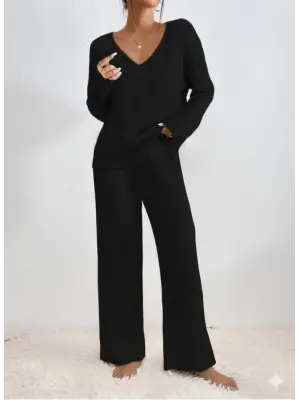 Kadın Uzun Kollu V Yakalı şardonlu Kaşkorse Bluz Ve Pantolon Ikili Takım