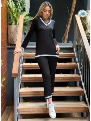 Kadın Uzun Kollu V Yakalı şerit Detay Alt Ve üst Viskon Iki Iplik Detay Ikili Takım