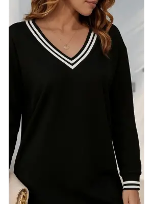 Kadın Uzun Kollu V Yakalı şerit Detaylı Kısa Viskon Iki Iplik Elbise