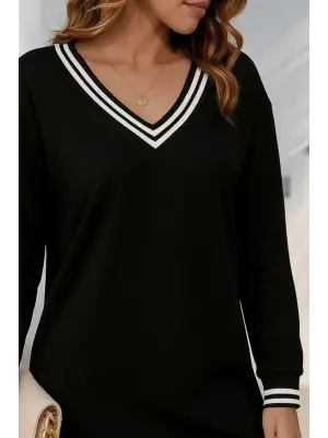 Kadın Uzun Kollu V Yakalı şerit Detaylı Kısa Viskon Iki Iplik Elbise